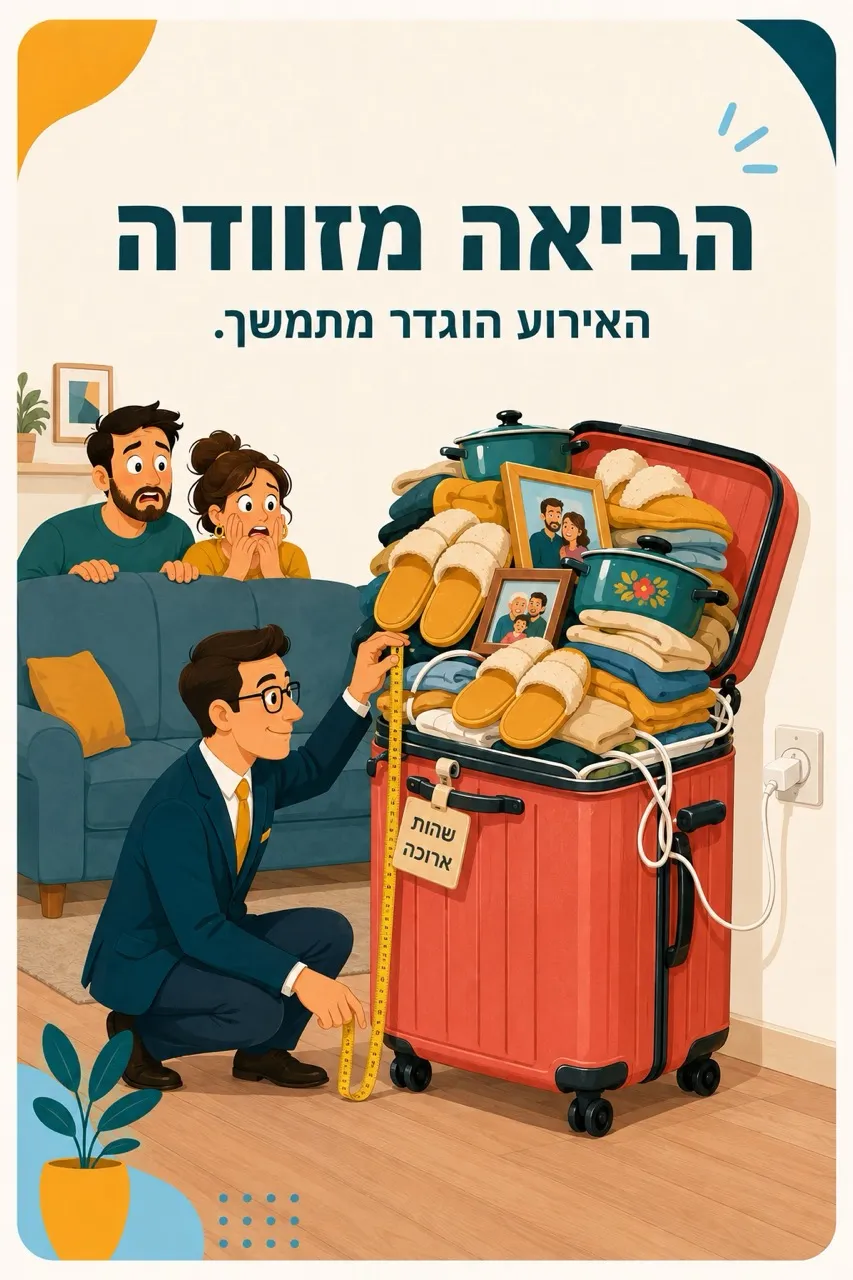 מזוודה גדולה עם סירים, נעלי בית ומטען